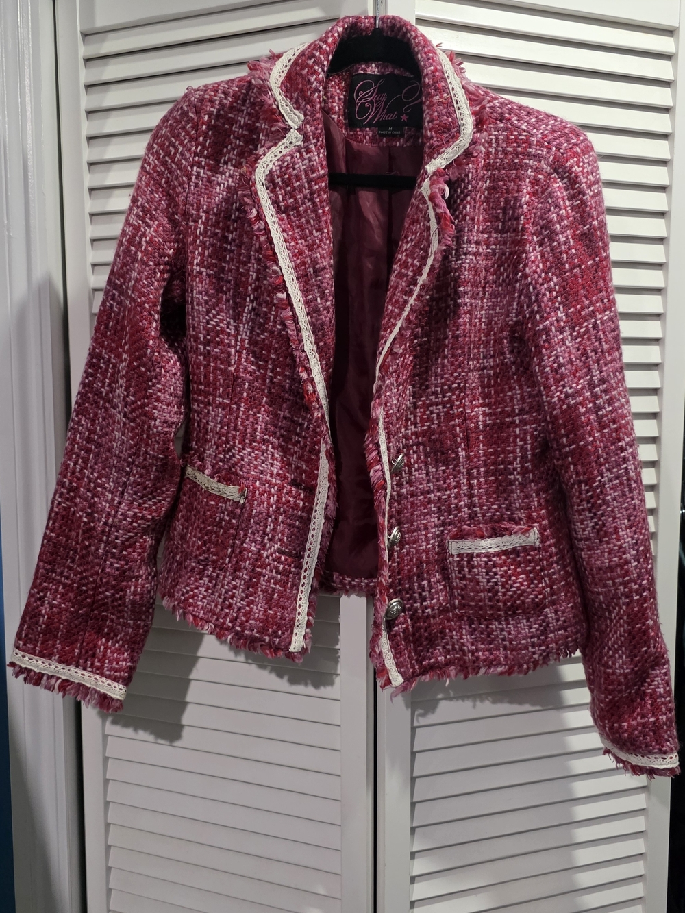 Pink Tweed Fringe Jacket with Lace Trim
